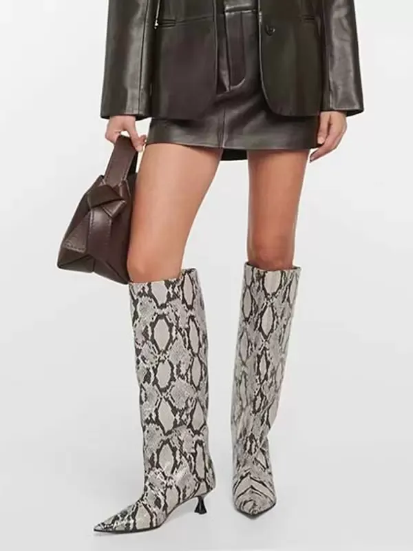 Kitten Heel Knee High Snake Print Wide Calf Boots