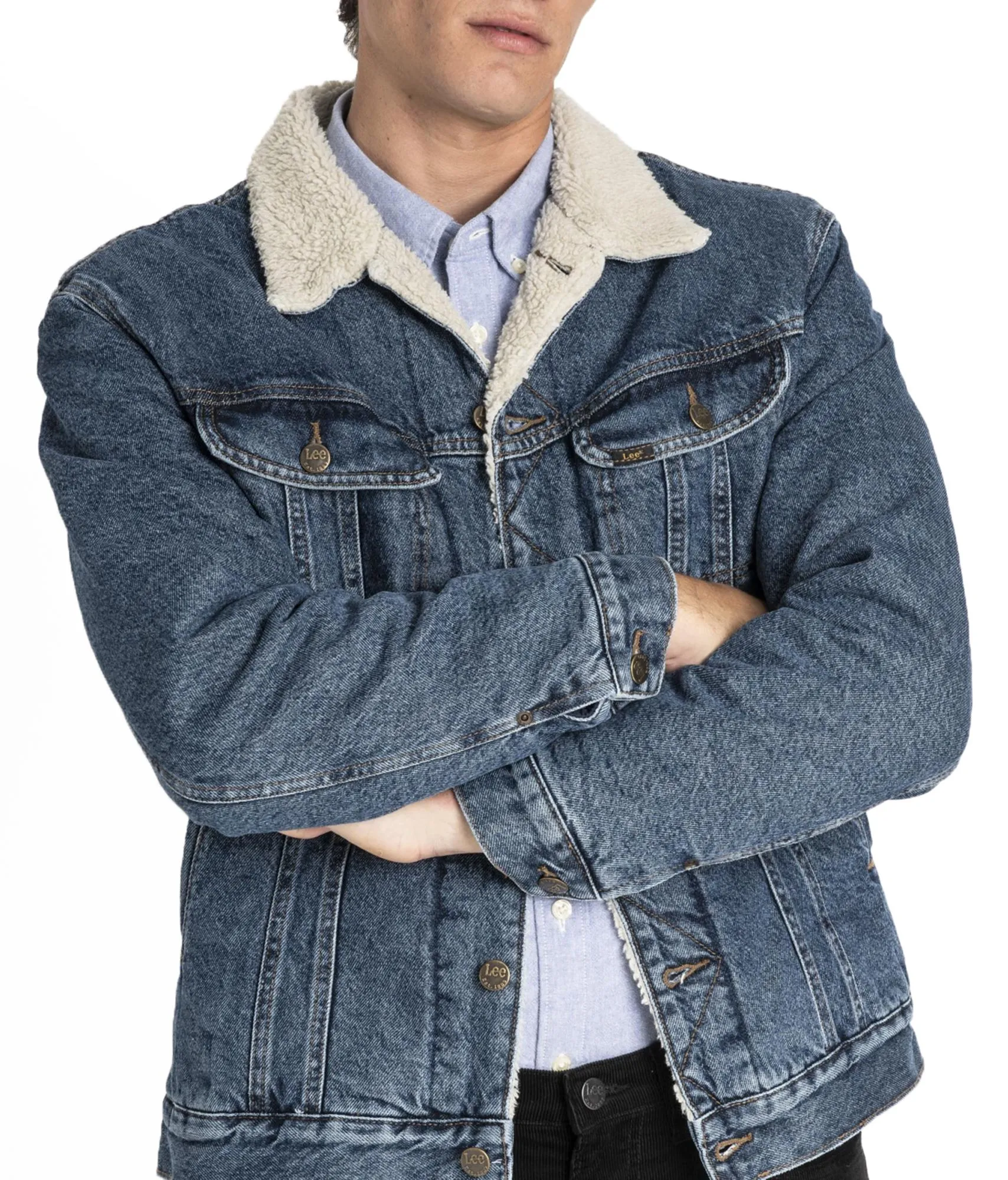 Lee Dark Stone Sherpa Rider Denim Trucker Jacket