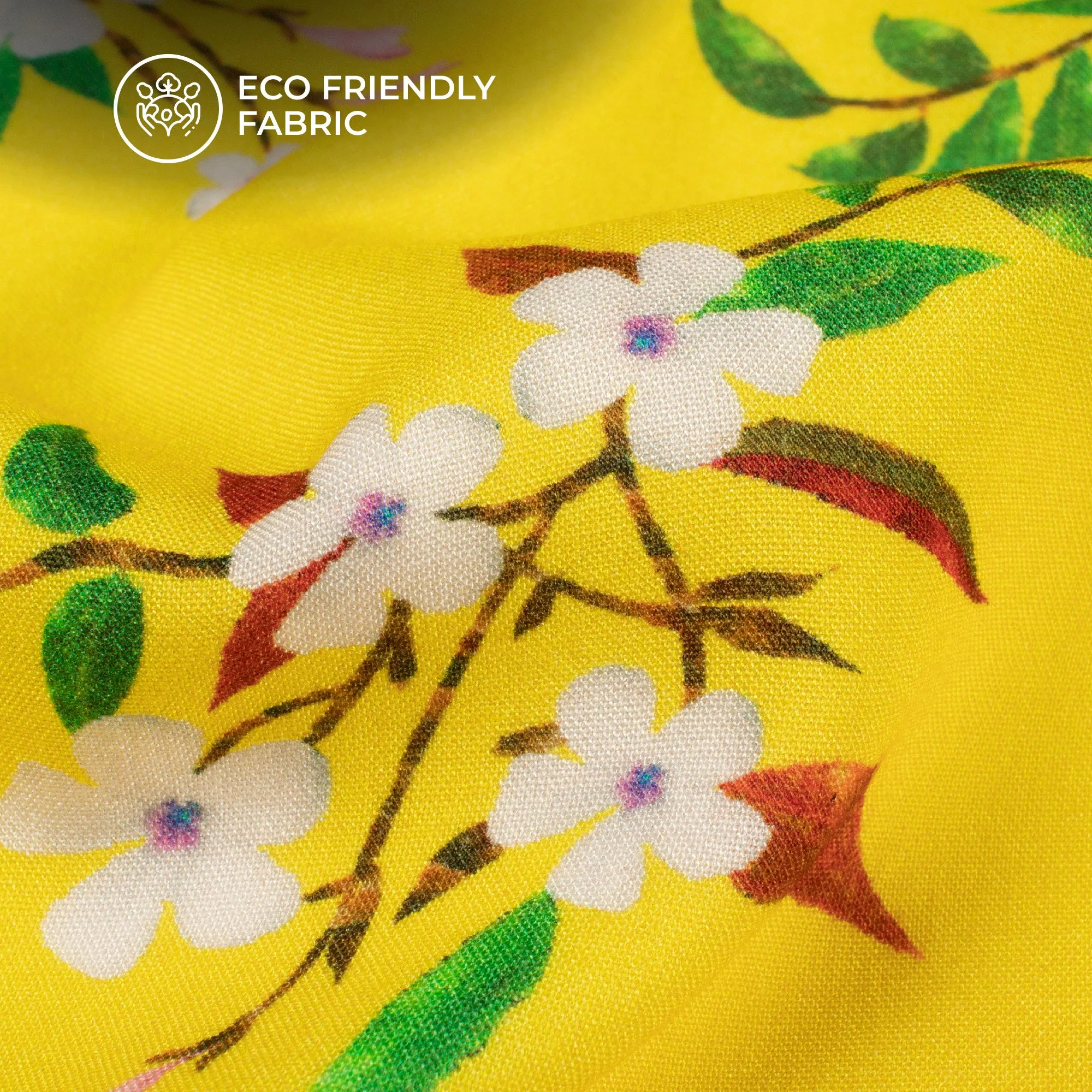 Lemon Yellow Floral Viscose Rayon Fabric - Digital Print (58 Inches Width)