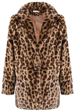 Leopard Print Faux Fur Coat in Brown