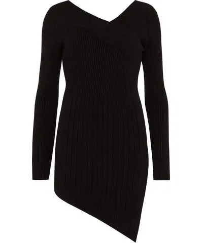 Black Ribbed Knit Off Shoulder Asymmetric Mini Dress for Women by Les Friday