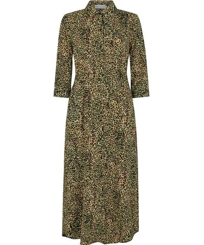 Claire Button Down Leopard Print Midi Dress In Green by Lily and Lionel