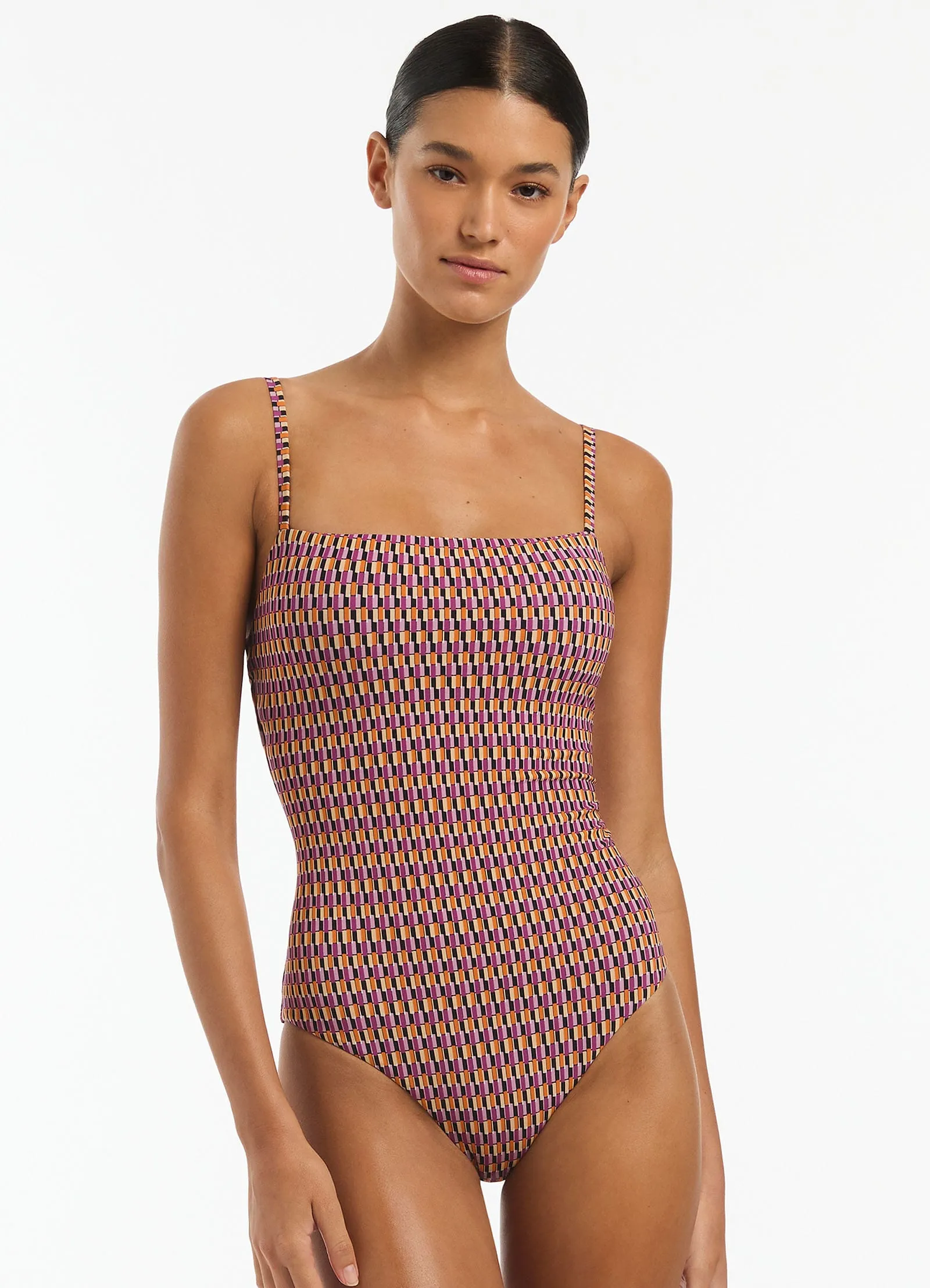 Lumiere Square Neck Tank Swimsuit in Wine Color