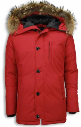 Men's Long Winter Coat with Large Fur Collar in Exclusive Red Parka - Fur Collar Coat.