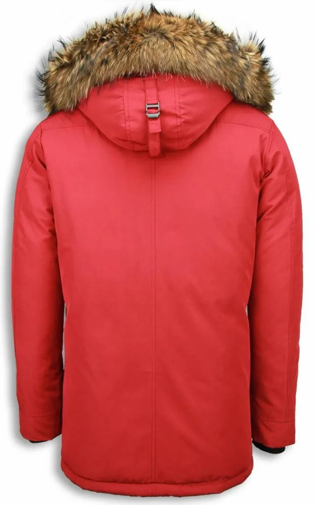 Men's Long Winter Coat with Large Fur Collar in Exclusive Red Parka - Fur Collar Coat.