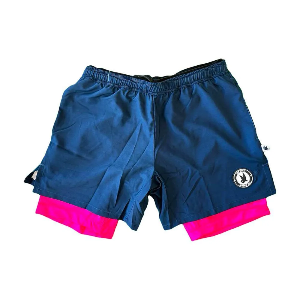 Mens Navy Compression Shorts with Neon Pink Liner - 2-1 Style, 7 Short