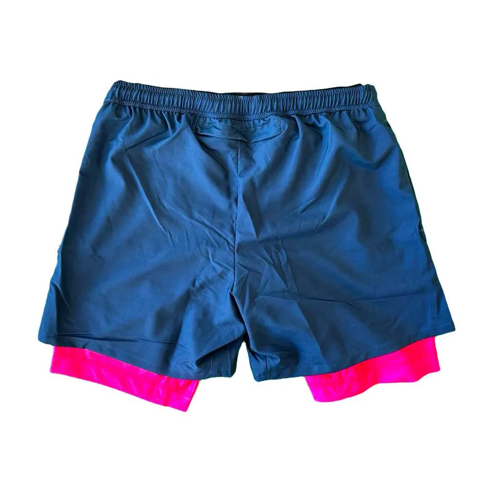 Mens Navy Compression Shorts with Neon Pink Liner - 2-1 Style, 7 Short