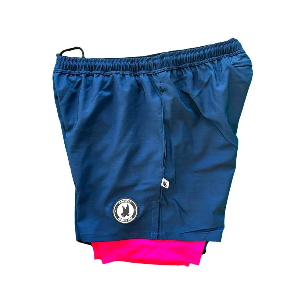 Mens Navy Compression Shorts with Neon Pink Liner - 2-1 Style, 7 Short