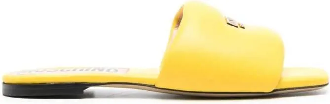 Yellow Moschino logo-plaque flat leather sandals