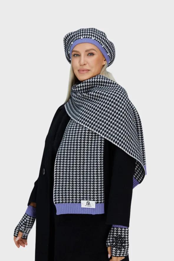 Multicolor Cashmere Houndstooth Scarf with Rib Details