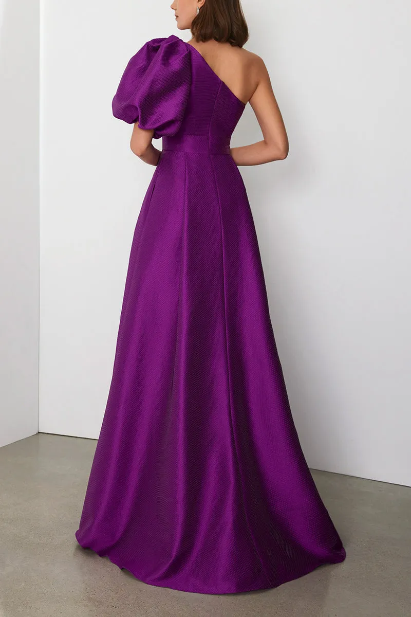 One Shoulder Satin Cocktail Dress with Puff Sleeves for Evening Empire Event