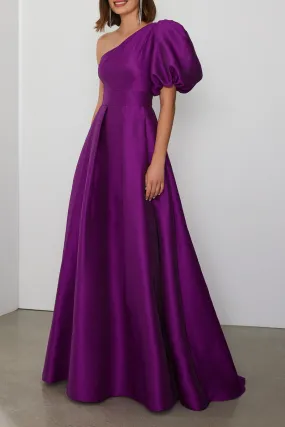 One Shoulder Satin Cocktail Dress with Puff Sleeves for Evening Empire Event