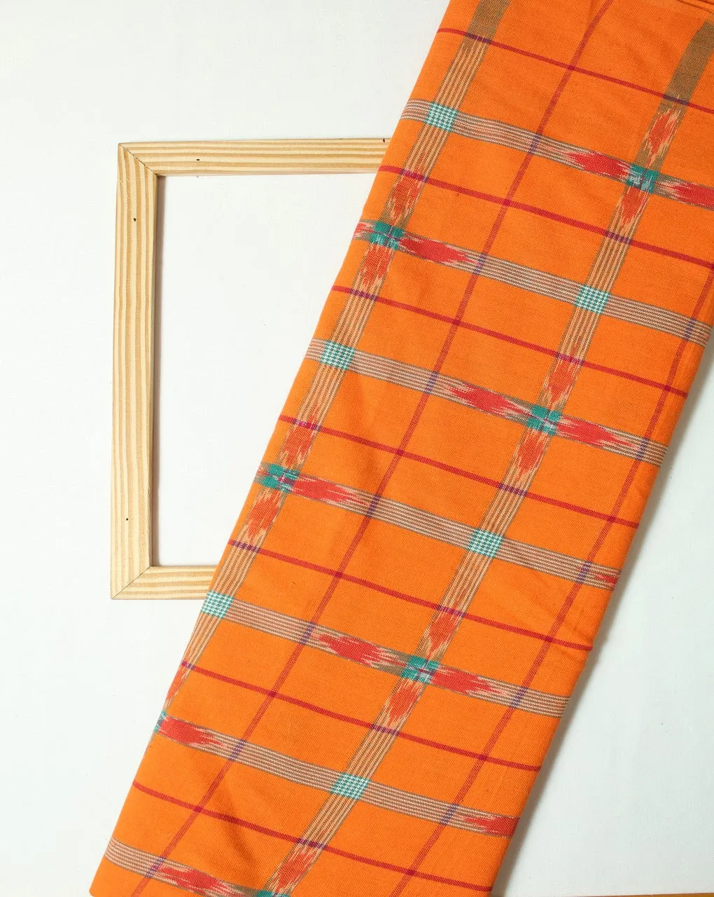 Orange Multicolor Check Cotton Ikat Fabric