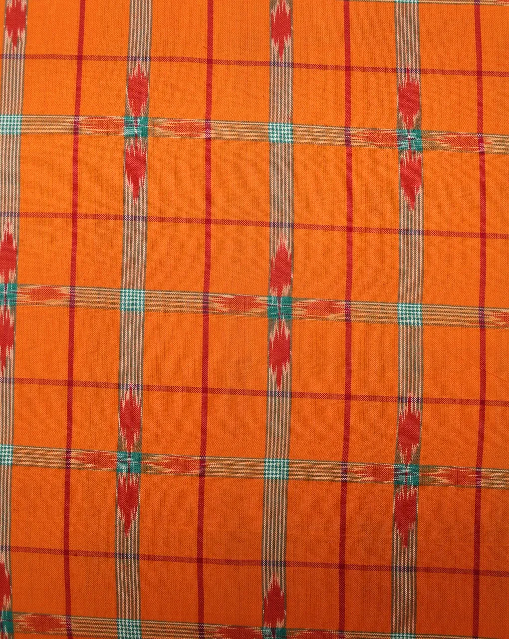 Orange Multicolor Check Cotton Ikat Fabric