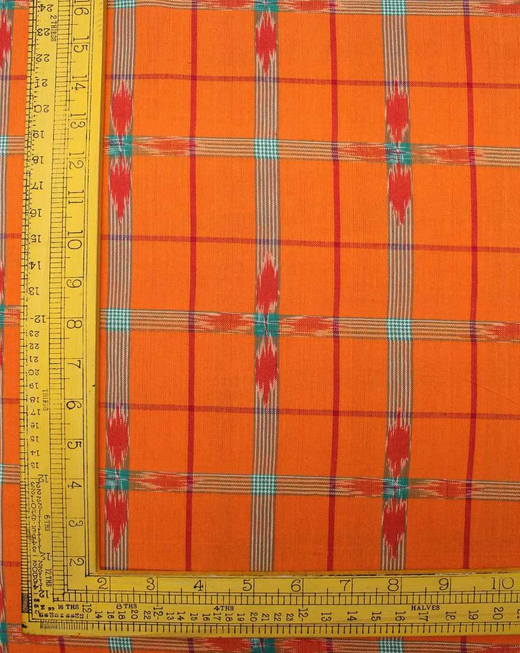 Orange Multicolor Check Cotton Ikat Fabric