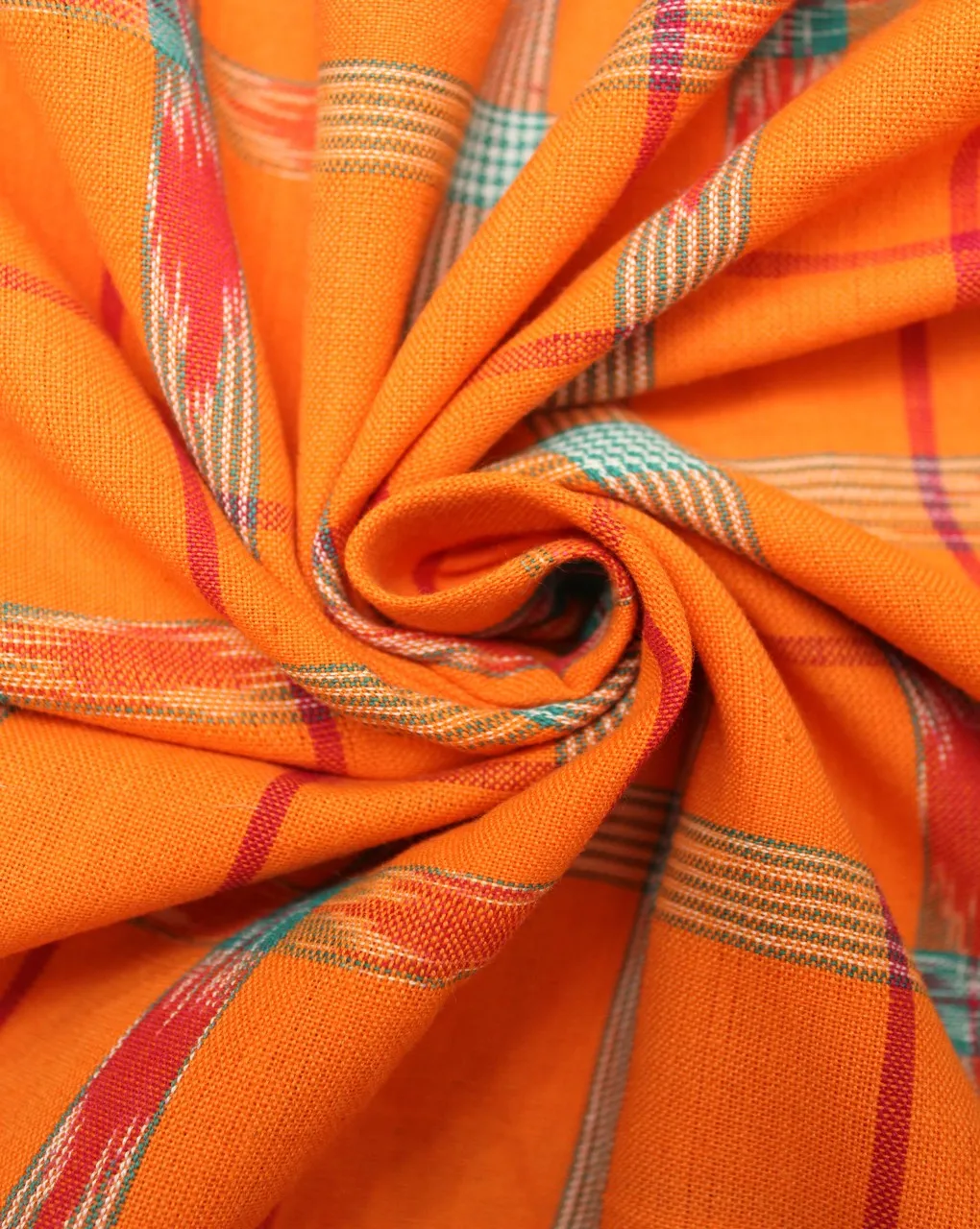 Orange Multicolor Check Cotton Ikat Fabric