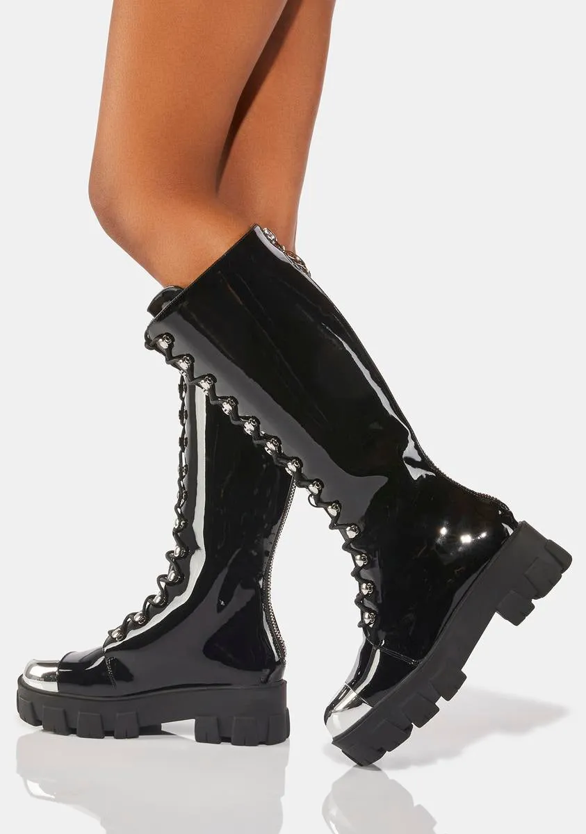 Patent Obsidian Knee High Boots-