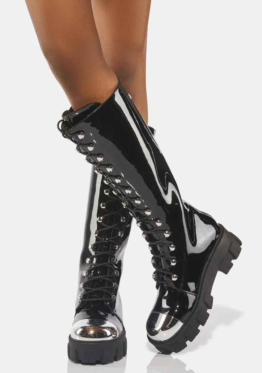 Patent Obsidian Knee High Boots-