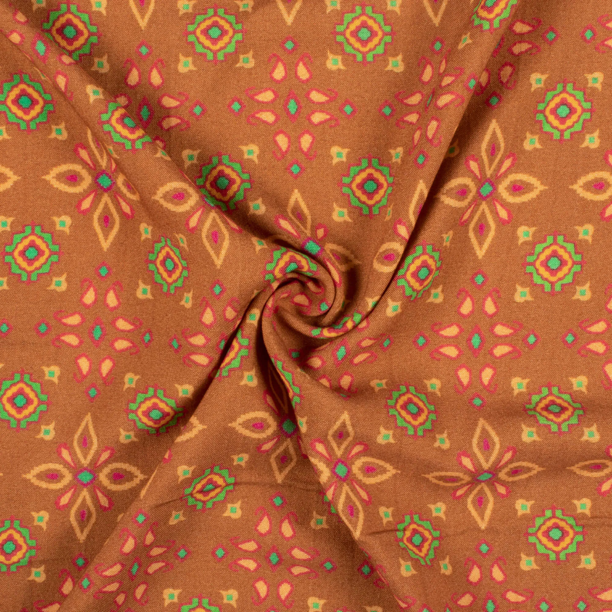 Patola Pattern Viscose Rayon Fabric - Ochre Orange and Paris Green - Digital Print - 58 Inches Width