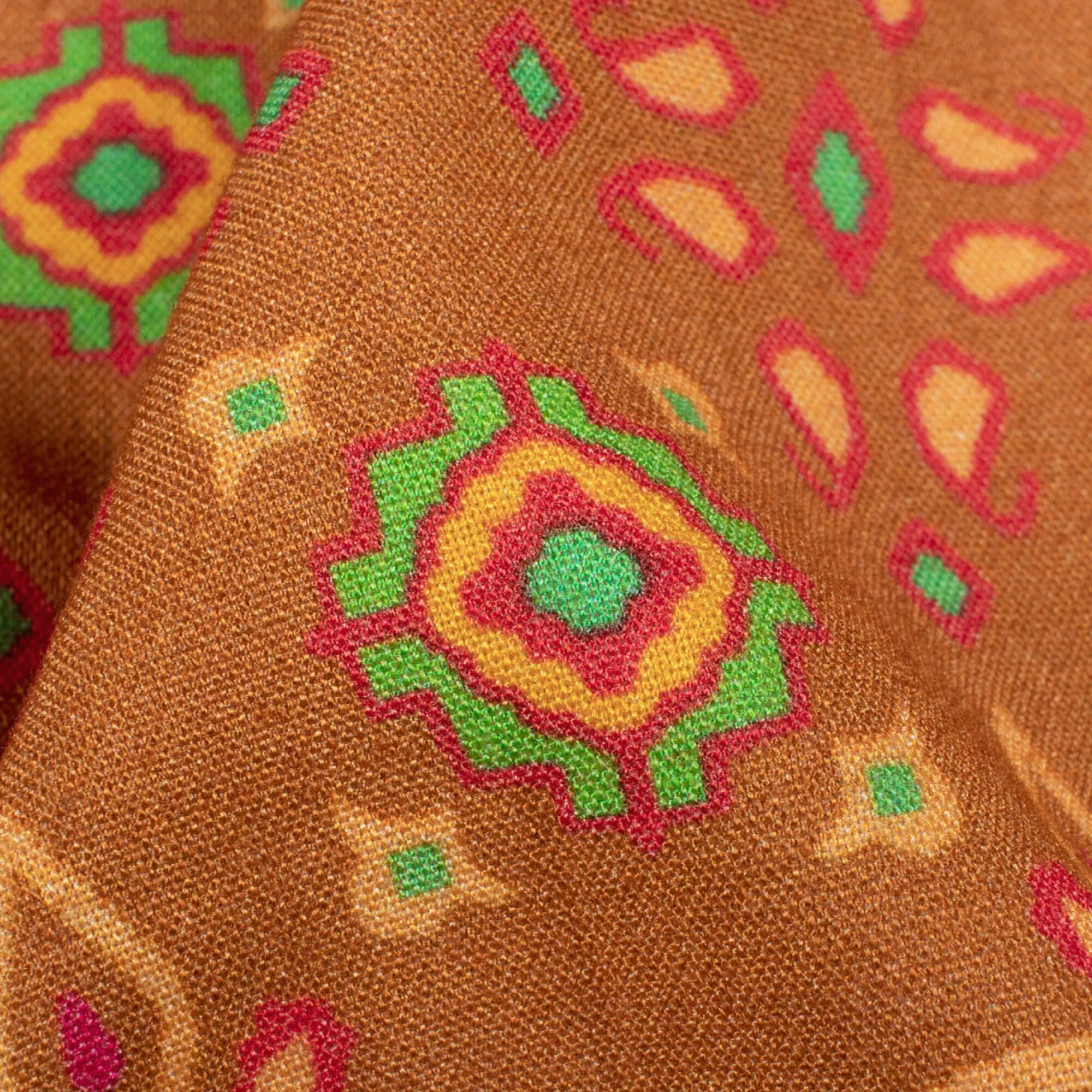 Patola Pattern Viscose Rayon Fabric - Ochre Orange and Paris Green - Digital Print - 58 Inches Width