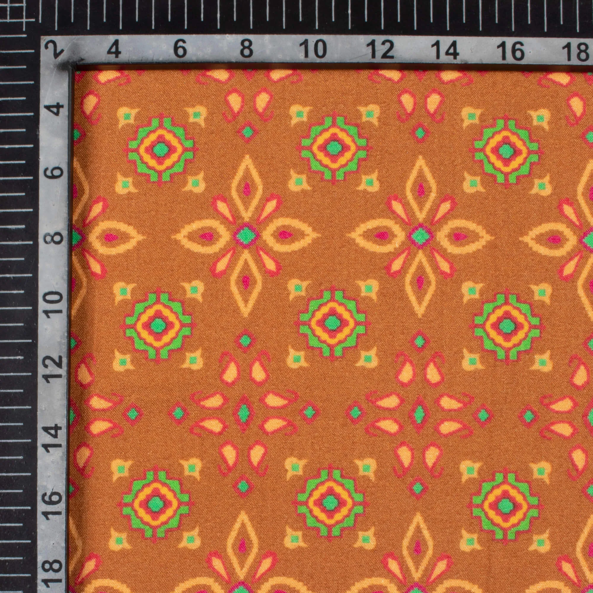 Patola Pattern Viscose Rayon Fabric - Ochre Orange and Paris Green - Digital Print - 58 Inches Width