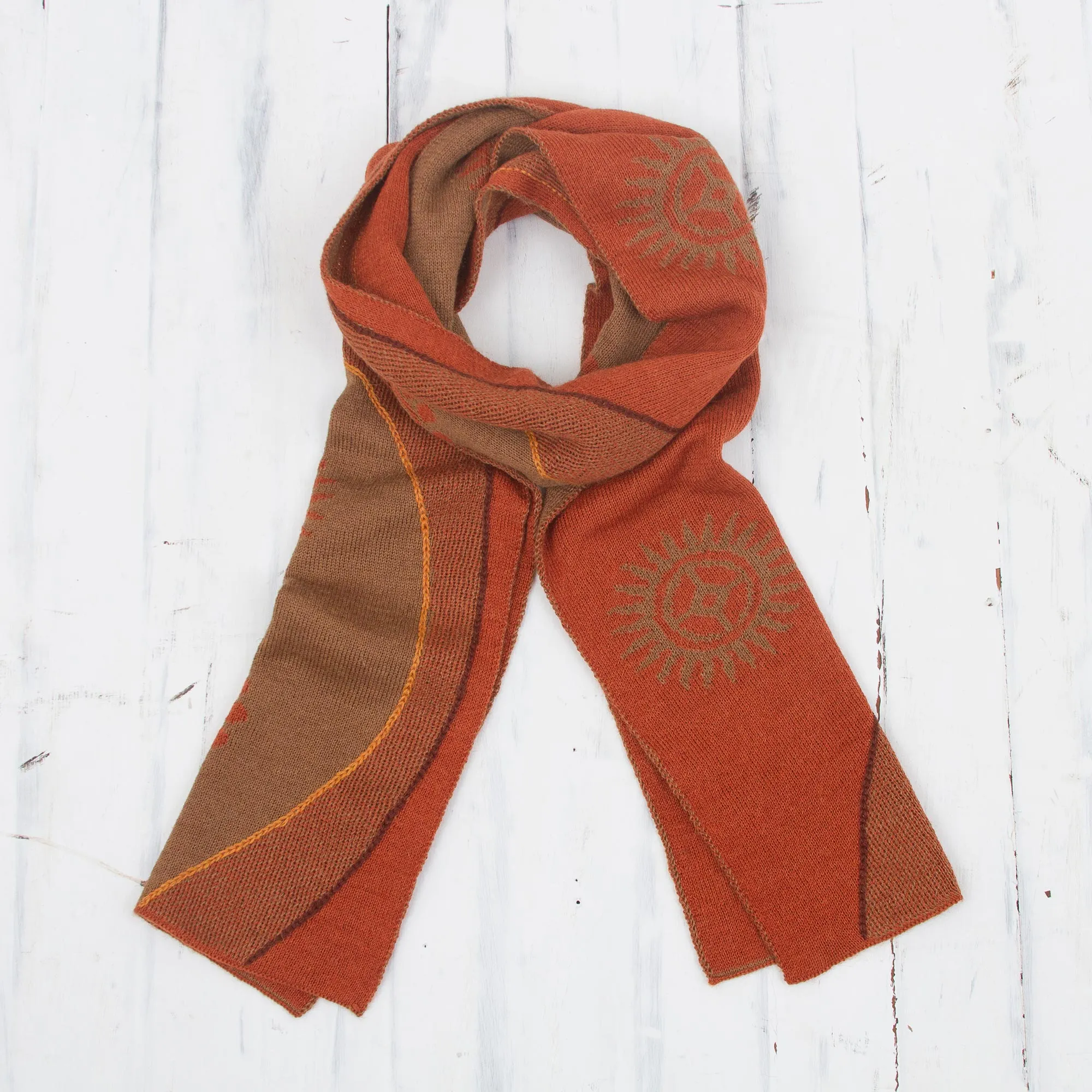 Peruvian Alpaca Blend Scarf with Pumpkin and Sepia Sun Motif