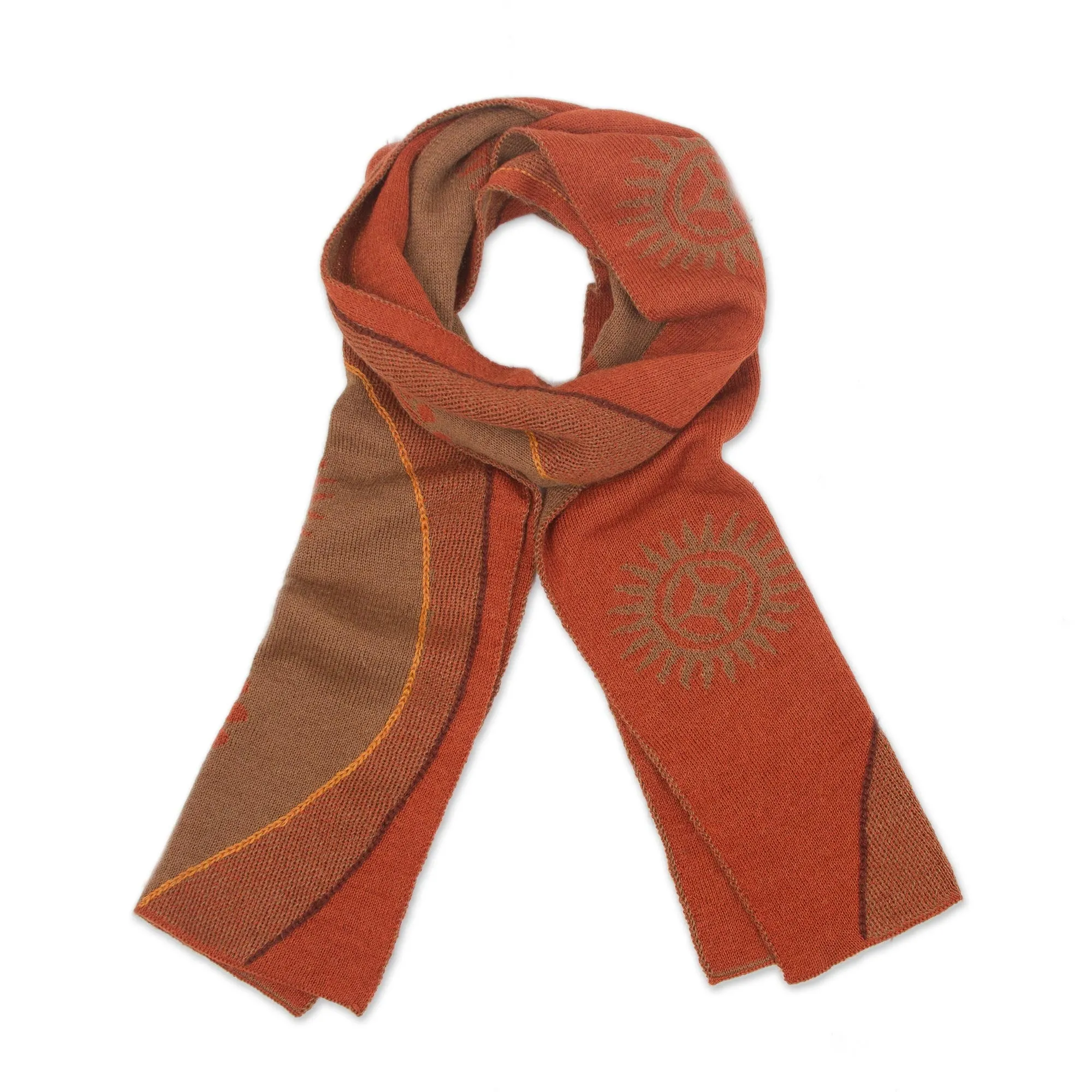 Peruvian Alpaca Blend Scarf with Pumpkin and Sepia Sun Motif