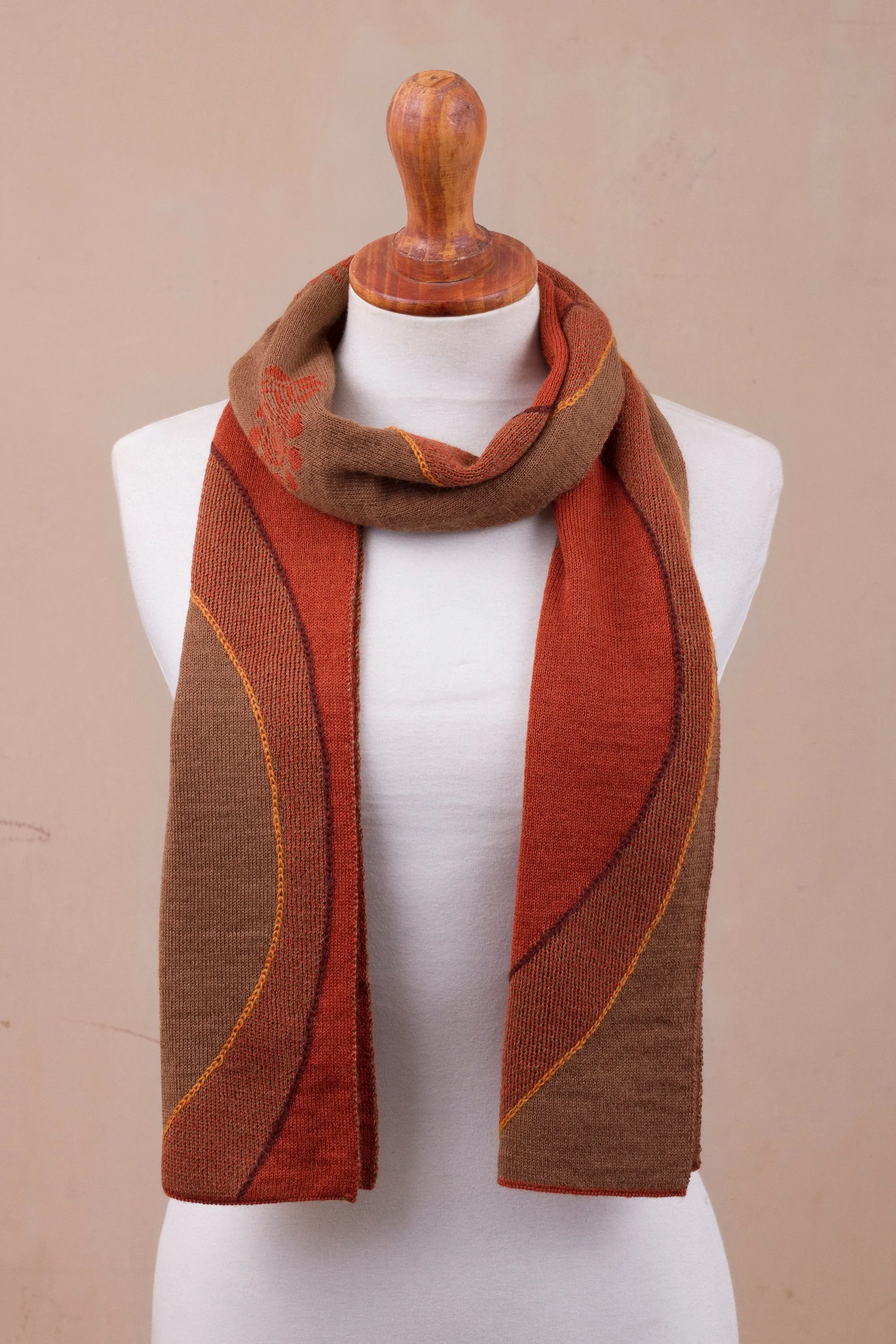 Peruvian Alpaca Blend Scarf with Pumpkin and Sepia Sun Motif