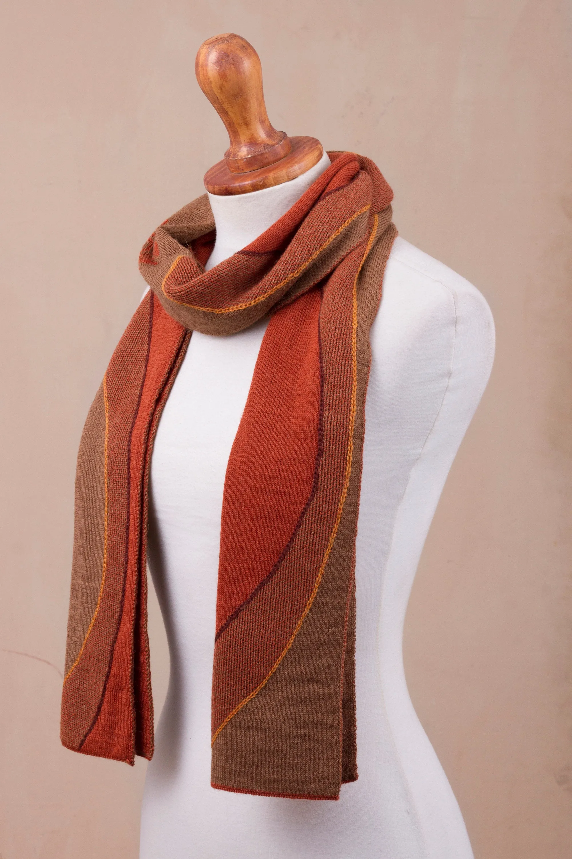 Peruvian Alpaca Blend Scarf with Pumpkin and Sepia Sun Motif