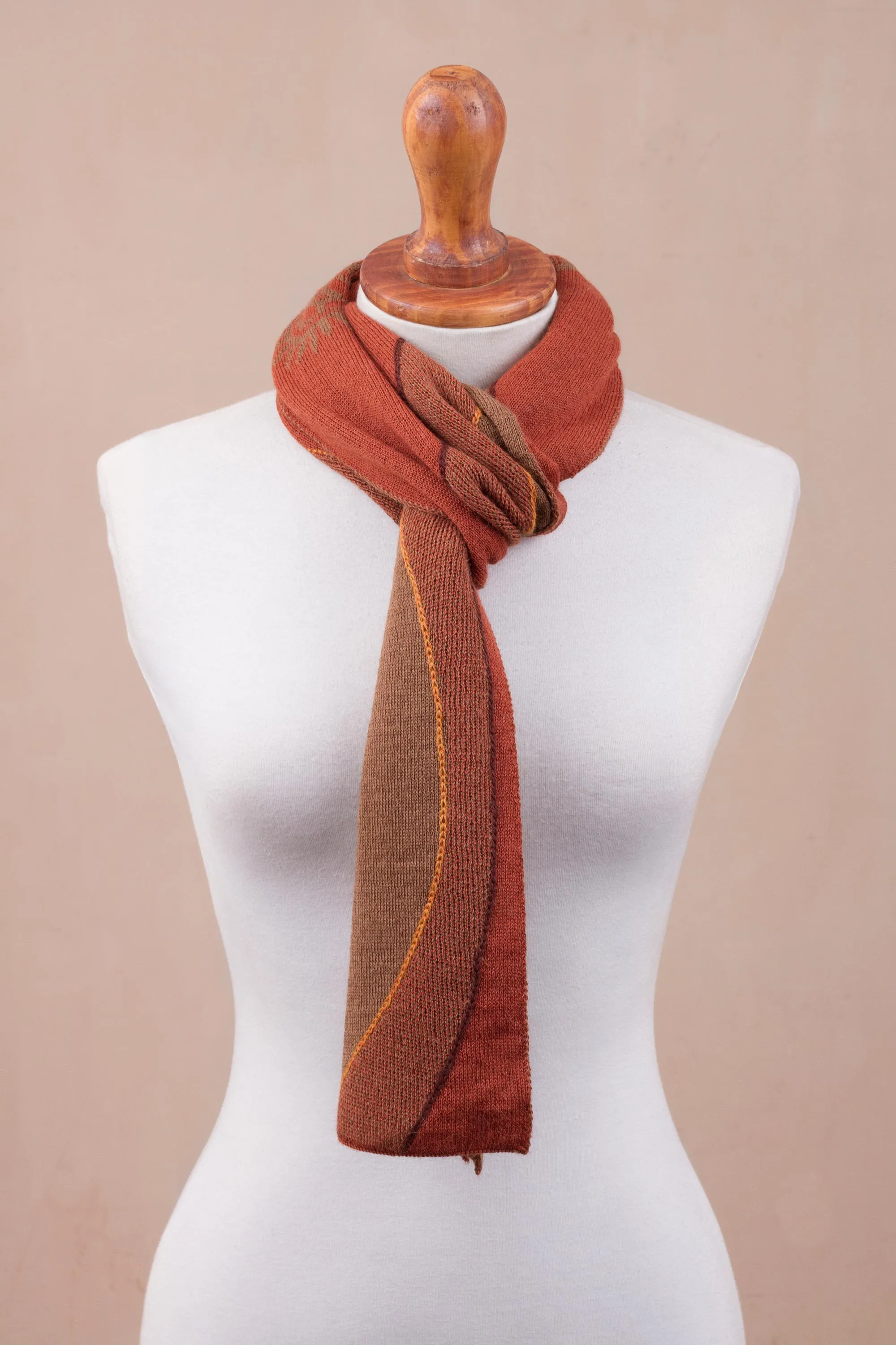 Peruvian Alpaca Blend Scarf with Pumpkin and Sepia Sun Motif