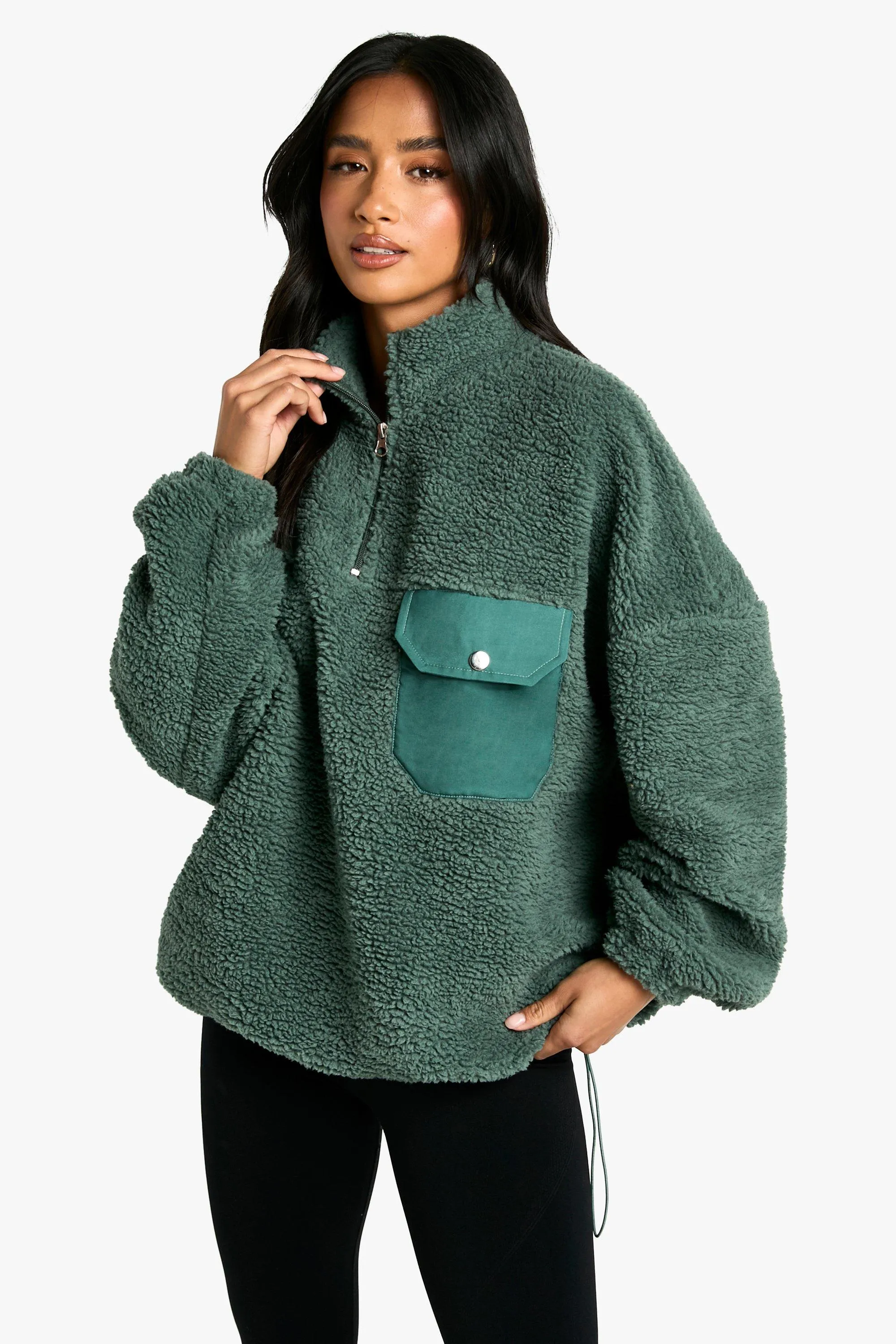 Petite Borg Nylon Pocket Half Zip Sweatshirt