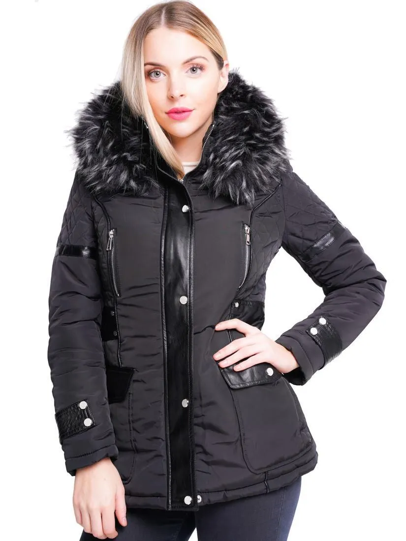 Premium Faux Fur Padded Parka Coat with PU Trim in Multiple Sizes