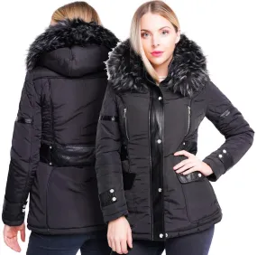 Premium Faux Fur Padded Parka Coat with PU Trim in Multiple Sizes