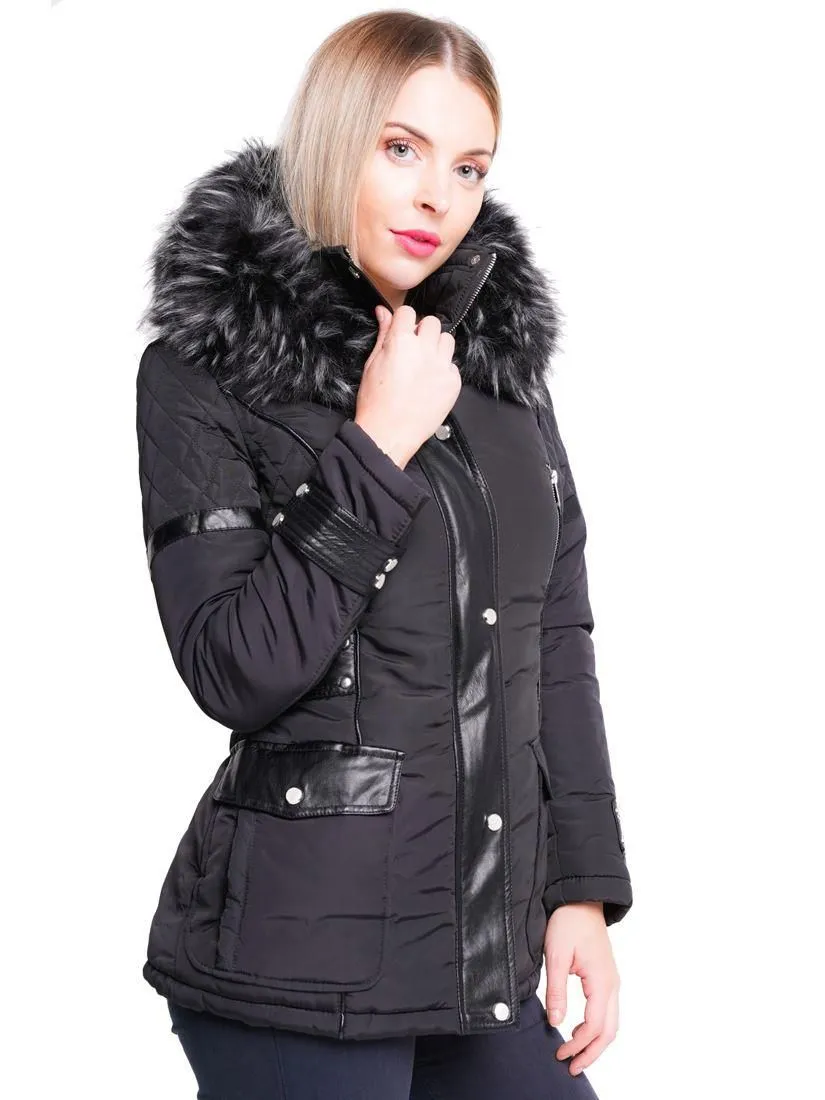 Premium Faux Fur Padded Parka Coat with PU Trim in Multiple Sizes