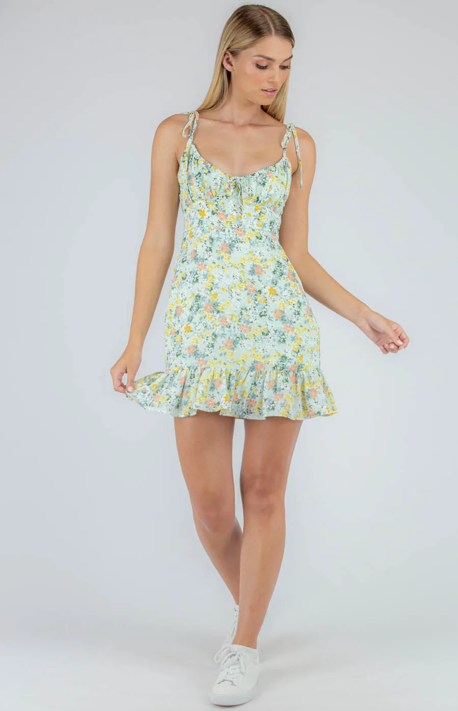 Frill Dress with Printed Straps