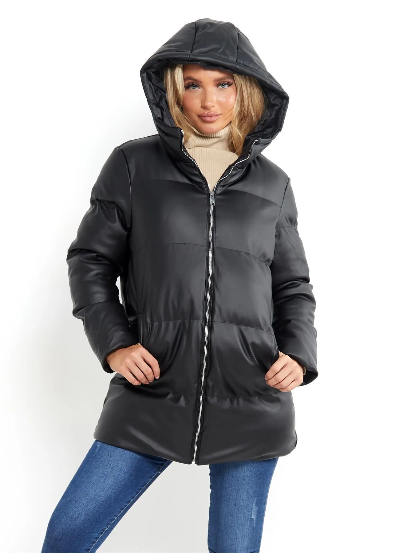 Black PU Faux Leather Puffer Parka Coat in UK Sizes 8 to 16