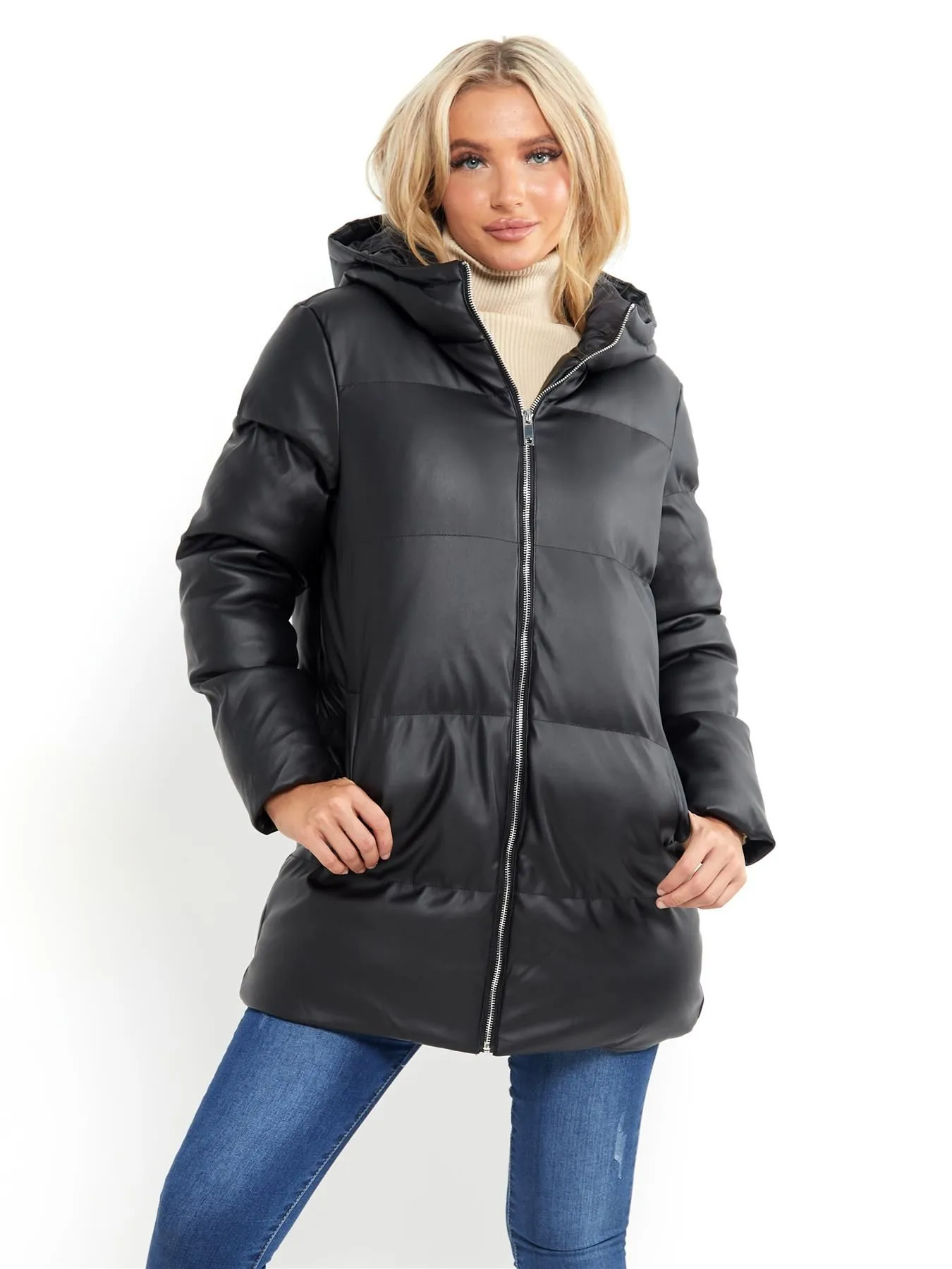 Black PU Faux Leather Puffer Parka Coat in UK Sizes 8 to 16