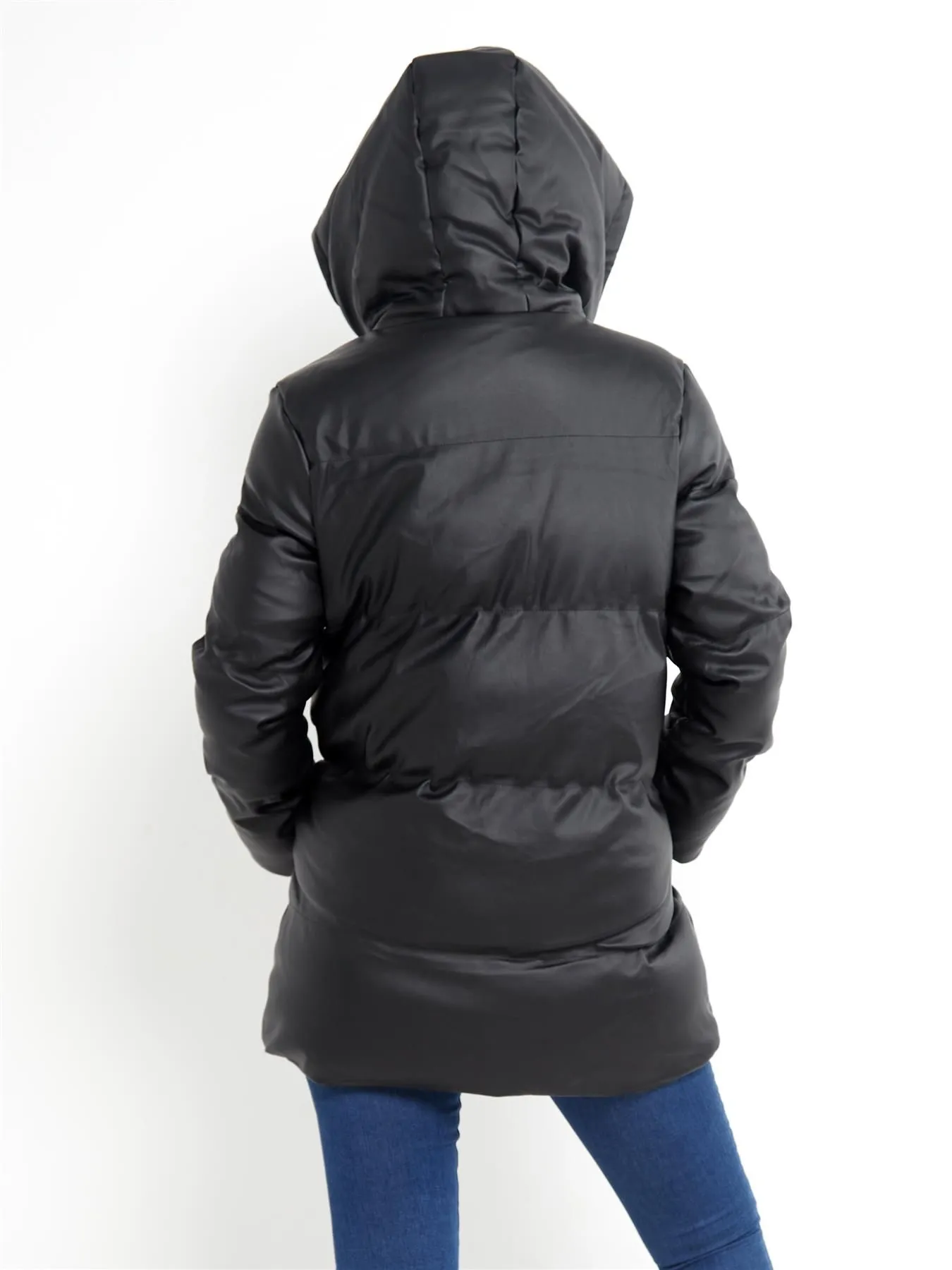 Black PU Faux Leather Puffer Parka Coat in UK Sizes 8 to 16