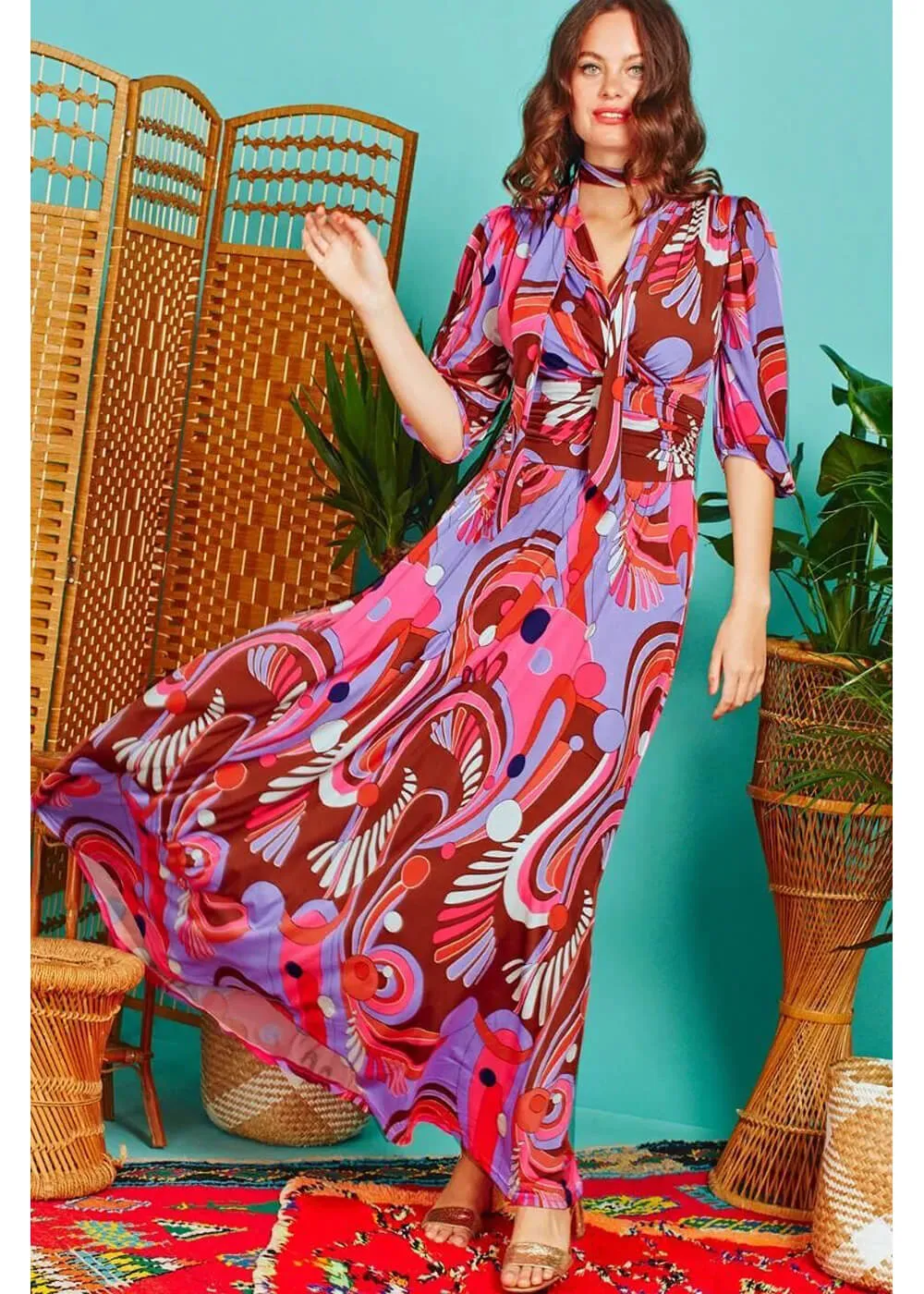 Purple 70's A-Line Dress with Retro Floral Print by Run & Fly