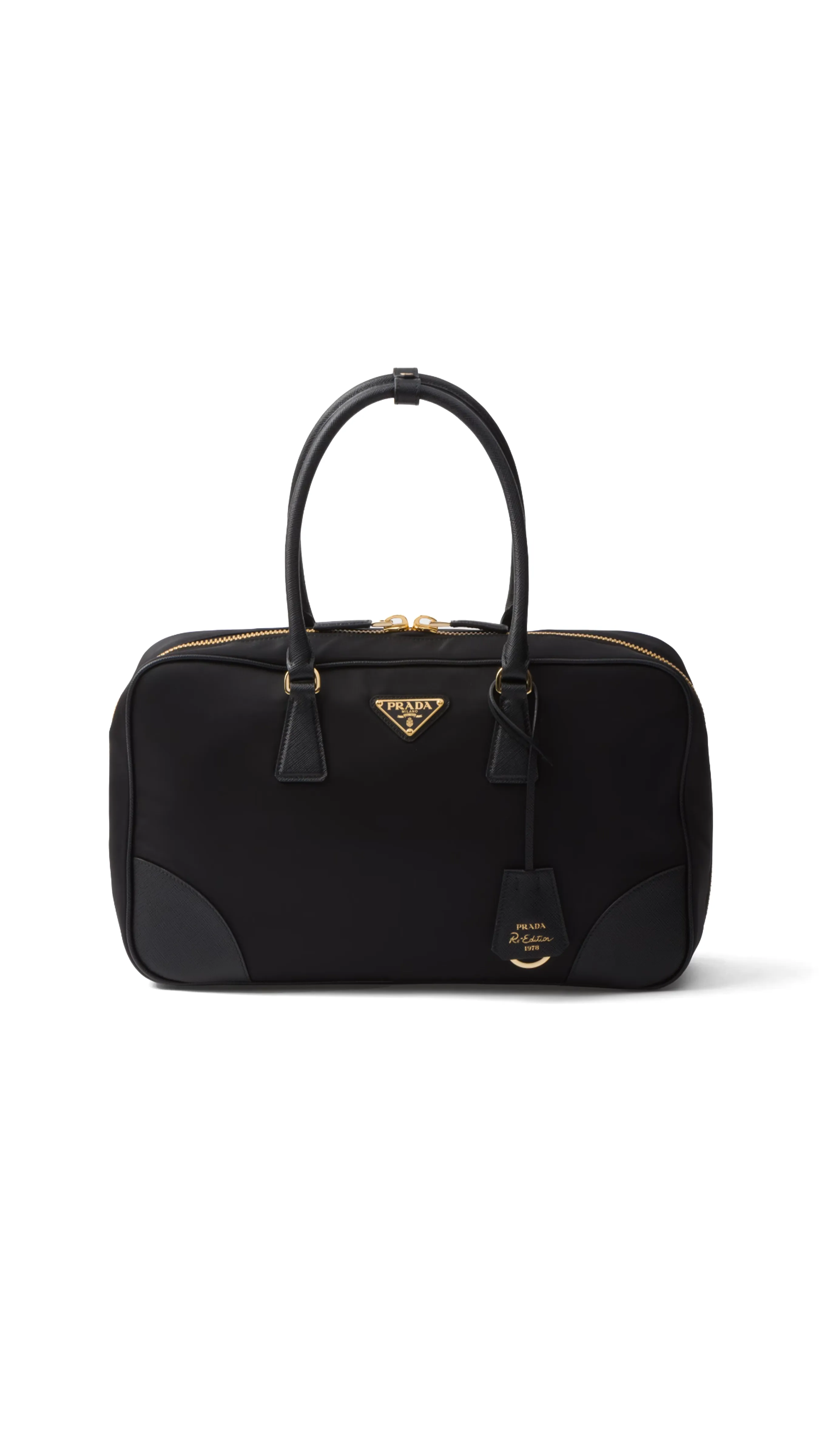 Re-Edition 1978 Large Re-Nylon Saffiano Leather Two-Handle Bag Black