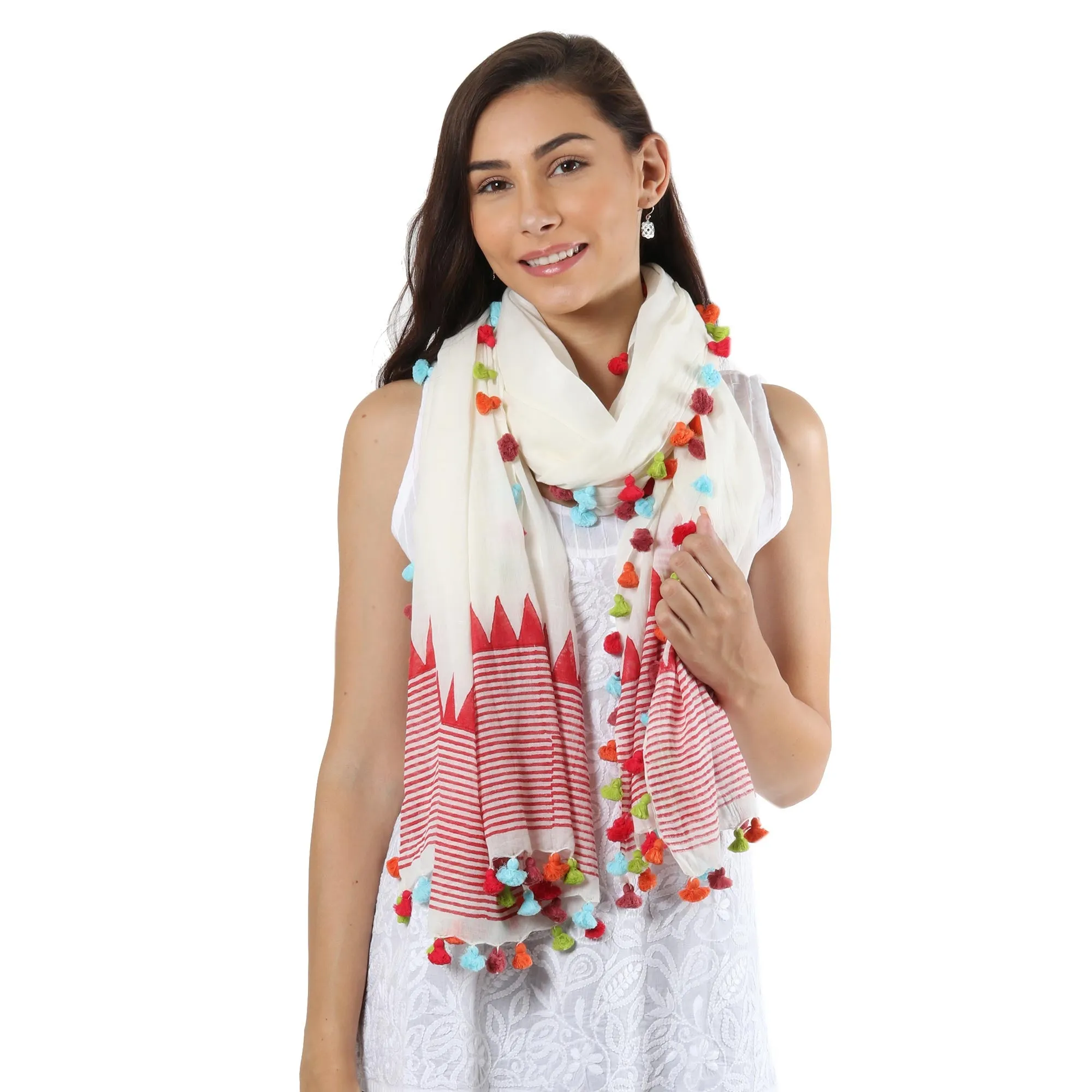 Red and White Cotton Shawl from India with Vibrant Pop of Color