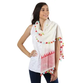 Red and White Cotton Shawl from India with Vibrant Pop of Color