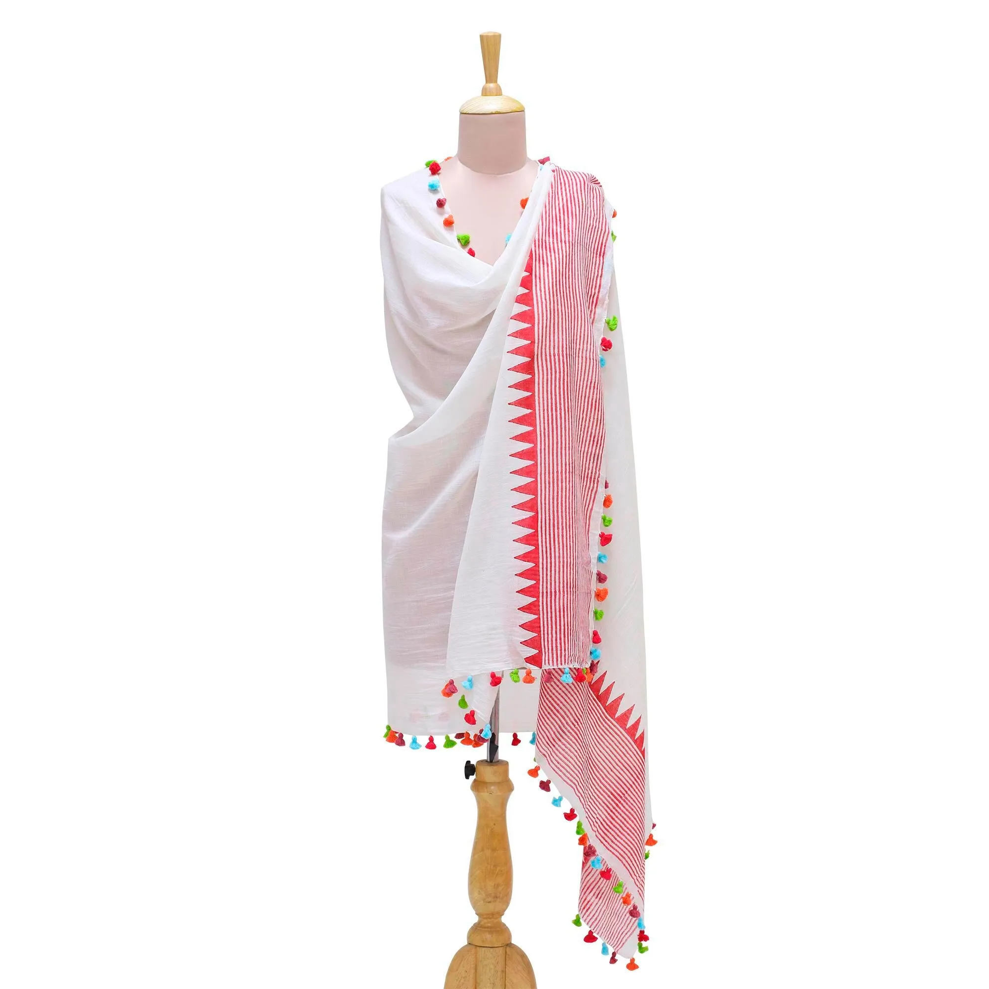 Red and White Cotton Shawl from India with Vibrant Pop of Color