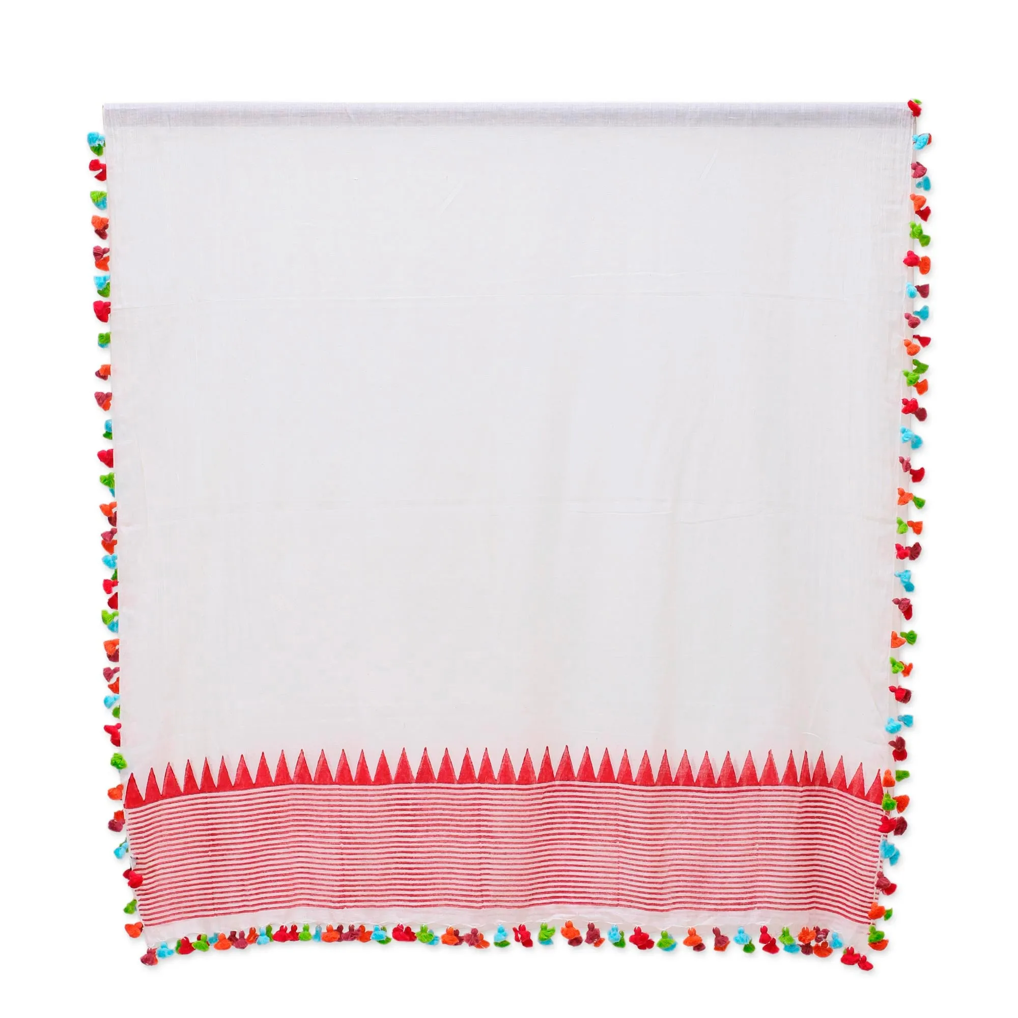 Red and White Cotton Shawl from India with Vibrant Pop of Color