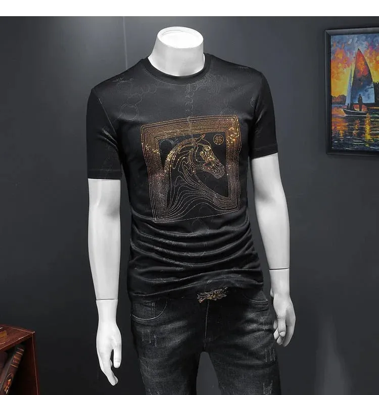 Rhinestone Horse Head Tee Shirt - Short Sleeve Slim Fit Women's T-shirt