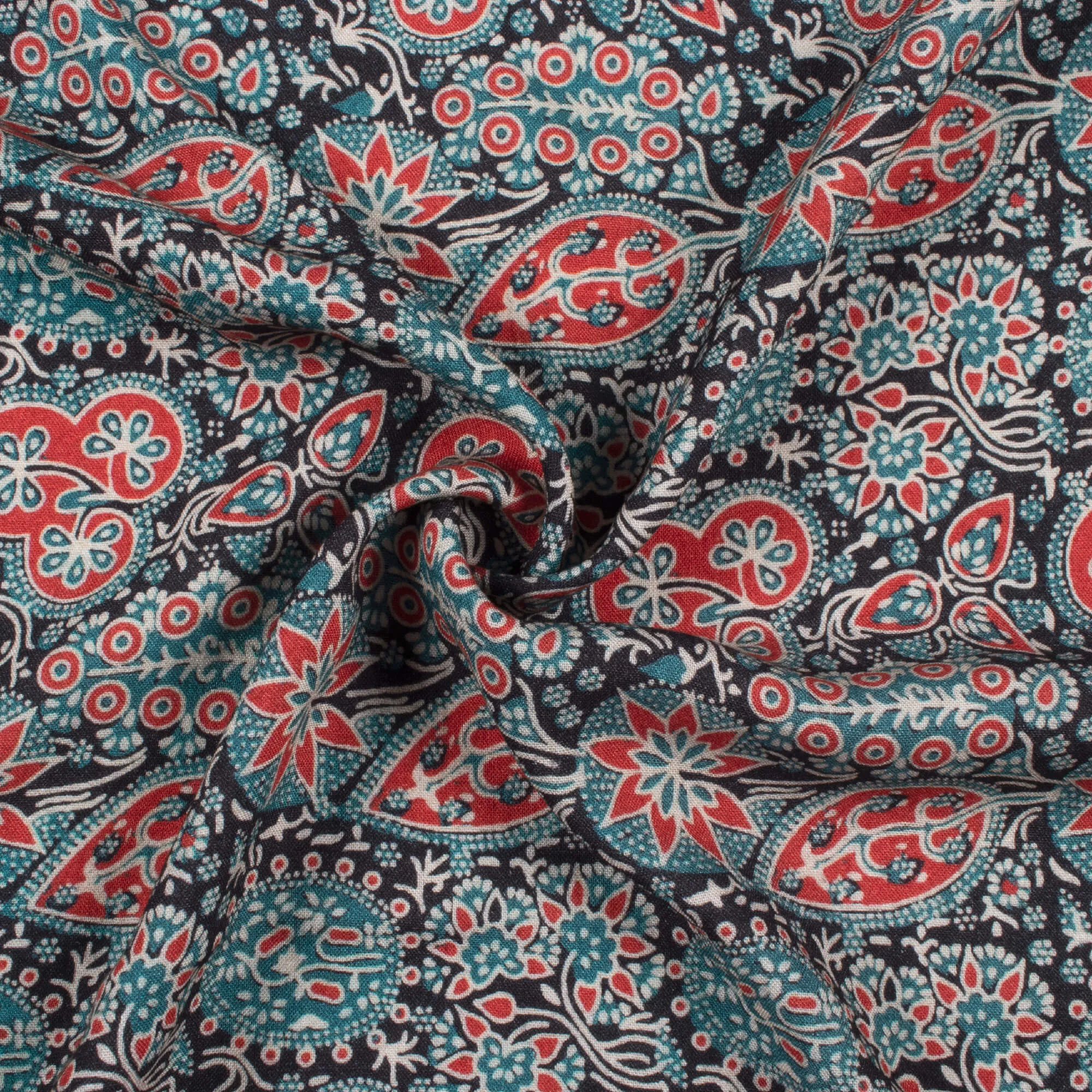 Stone Blue Sangria Red Traditional Pattern Viscose Rayon Fabric (58 Inches) Print Design