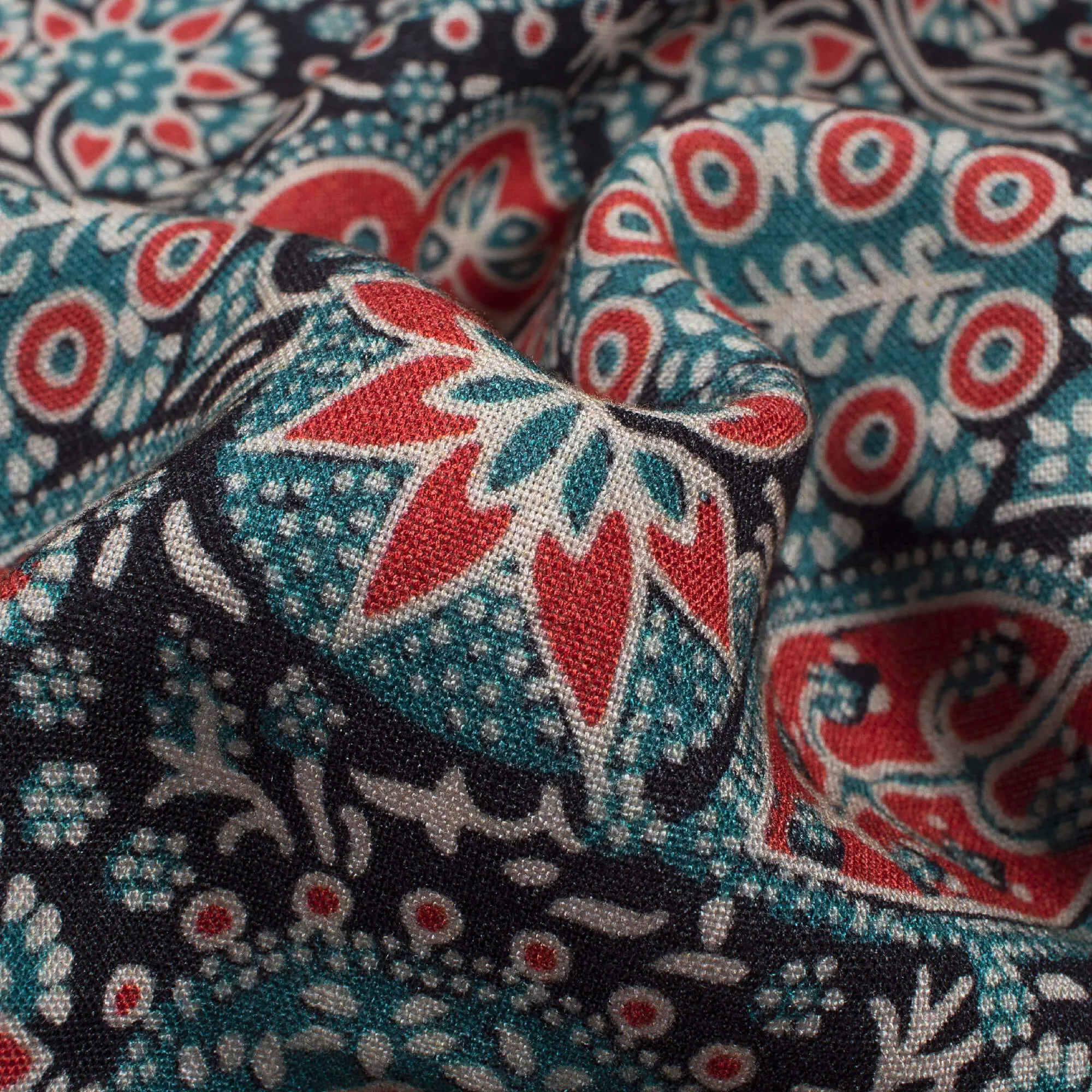 Stone Blue Sangria Red Traditional Pattern Viscose Rayon Fabric (58 Inches) Print Design