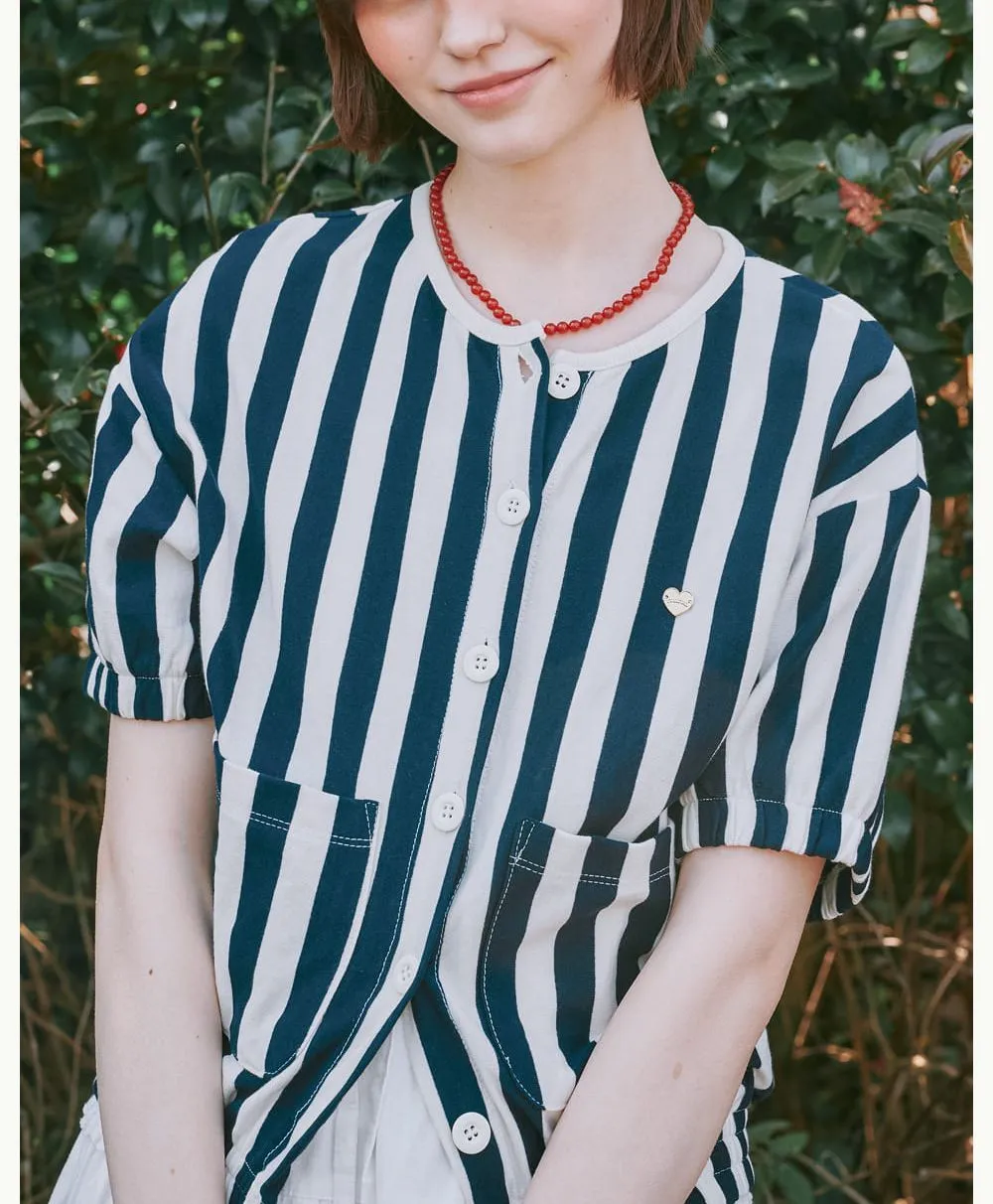 Striped Heart Logo Cardigan Short Sleeve Street Style