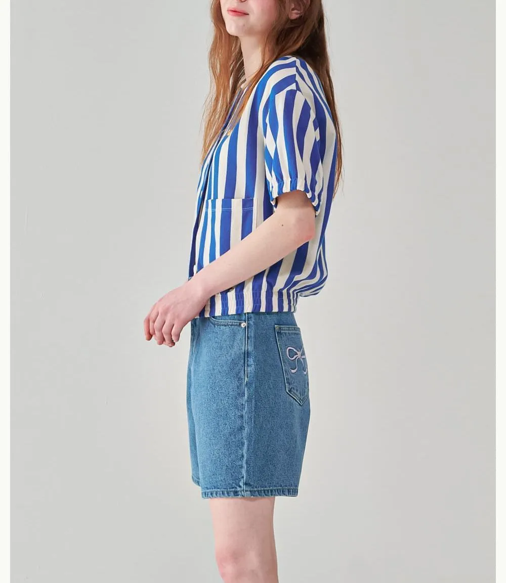 Striped Heart Logo Cardigan Short Sleeve Street Style