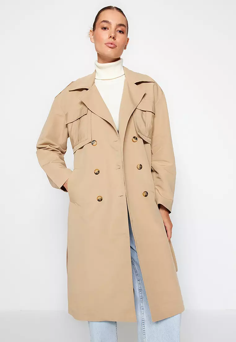 Stylish Belted Trench Coat - Trendyol Wide Cut